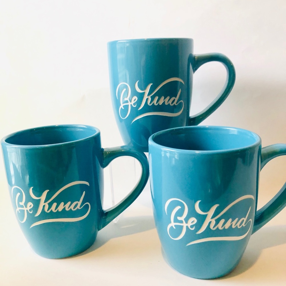 Be Kind Hand Etched teal mugs NWT